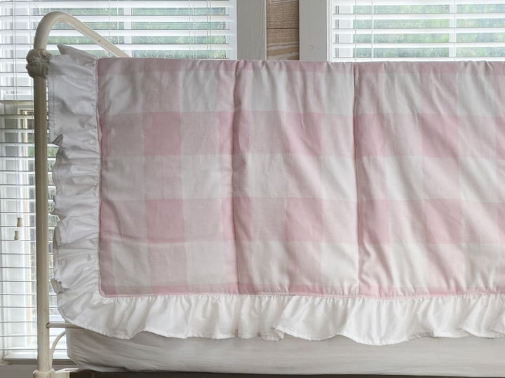 Pink Buffalo Check Ruffled Crib Quilt handmade heirloom nursery - High Cotton Textile