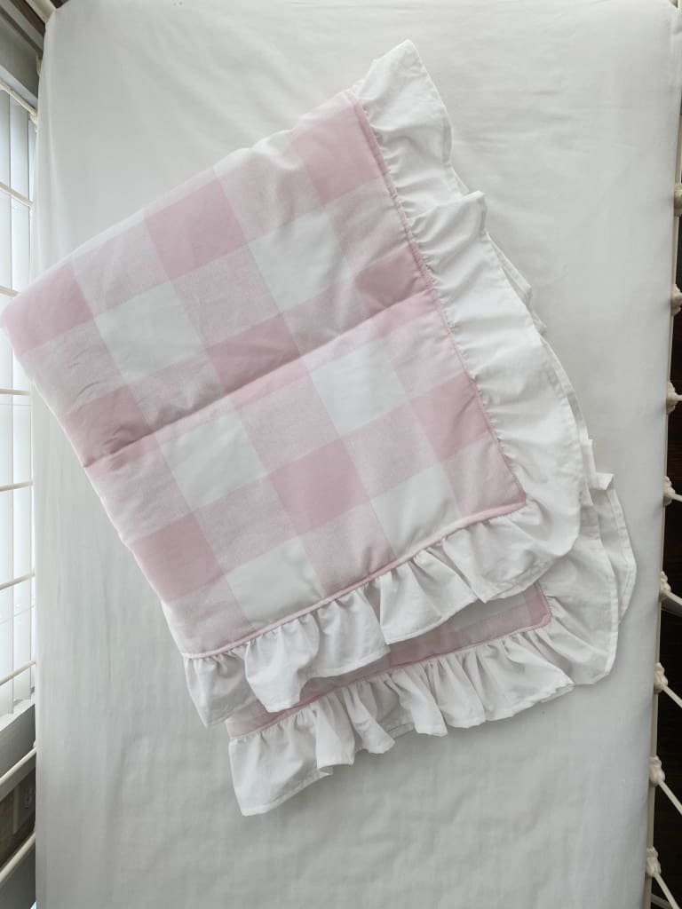 Pink Buffalo Check Ruffled Crib Quilt handmade heirloom nursery - High Cotton Textile