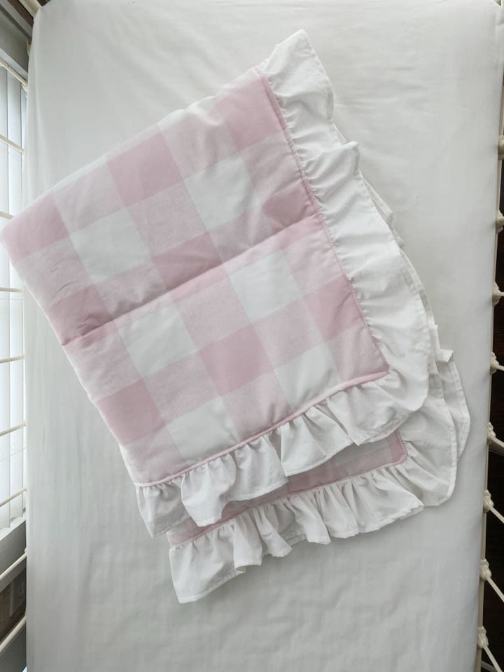 Pink Buffalo Check Ruffled Crib Quilt handmade heirloom nursery - High Cotton Textile