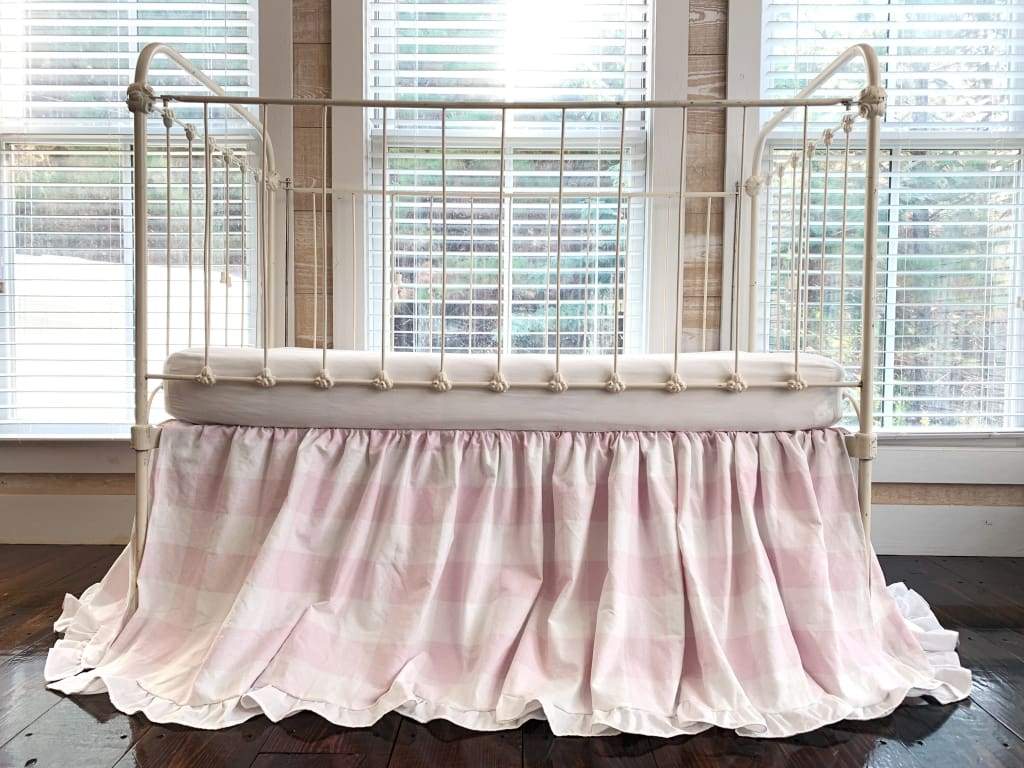 Pink Buffalo Check Ruffled Crib Skirt handmade heirloom nursery - High Cotton Textile