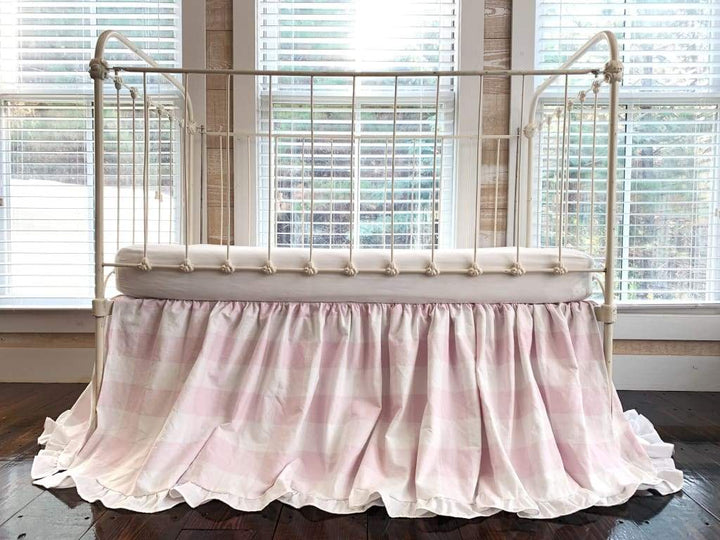Pink Buffalo Check Ruffled Crib Skirt handmade heirloom nursery - High Cotton Textile
