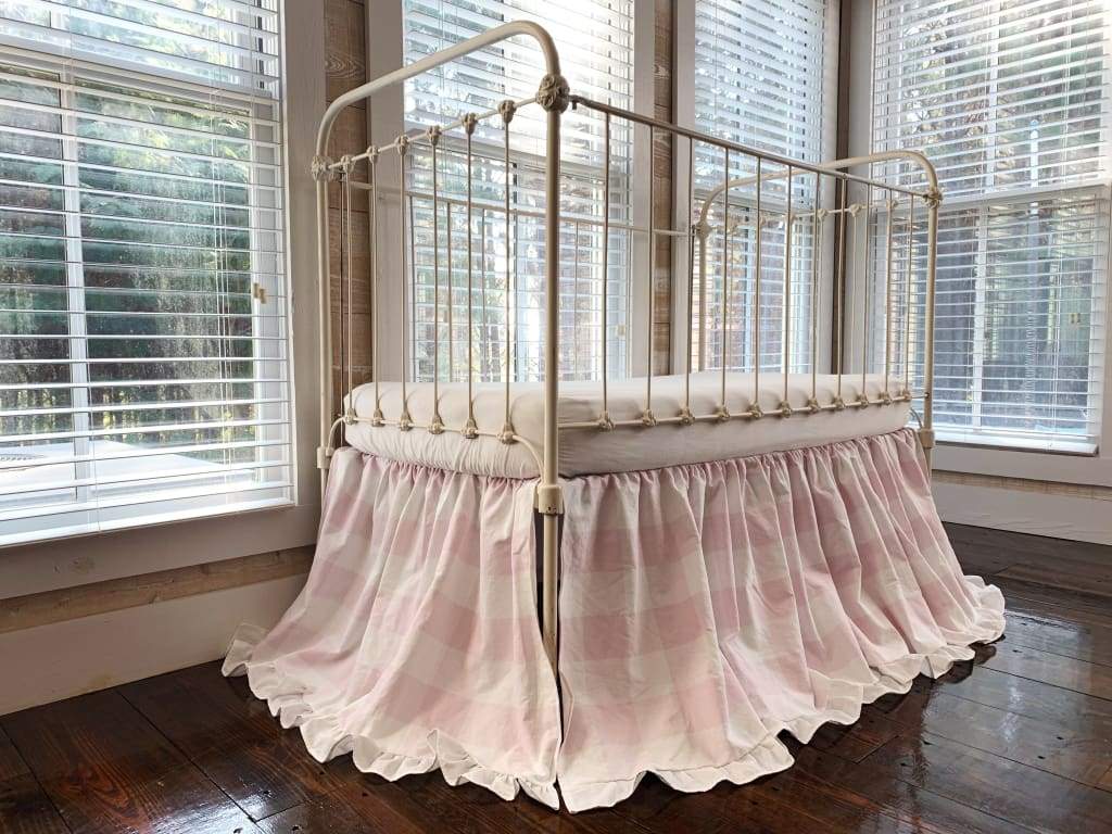 Pink Buffalo Check Ruffled Crib Skirt handmade heirloom nursery - High Cotton Textile