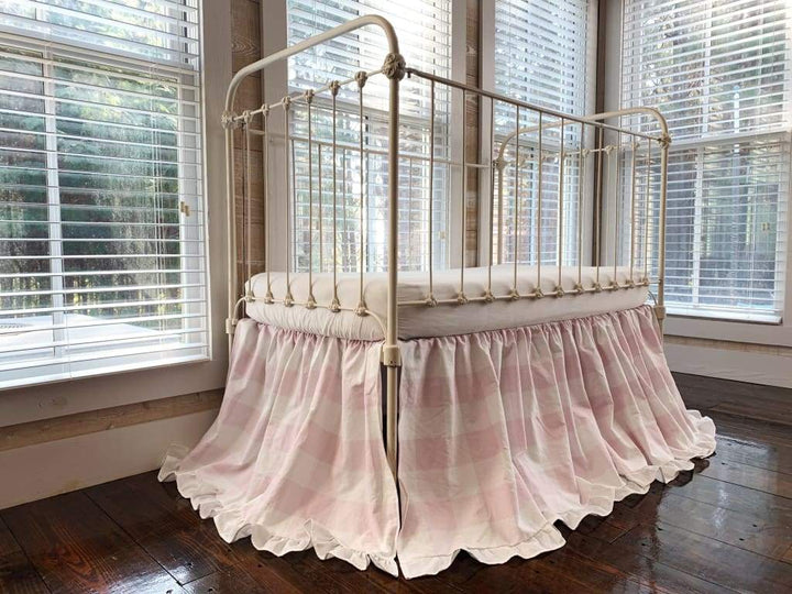 Pink Buffalo Check Ruffled Crib Skirt handmade heirloom nursery - High Cotton Textile