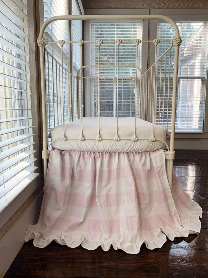 Pink Buffalo Check Ruffled Crib Skirt handmade heirloom nursery - High Cotton Textile