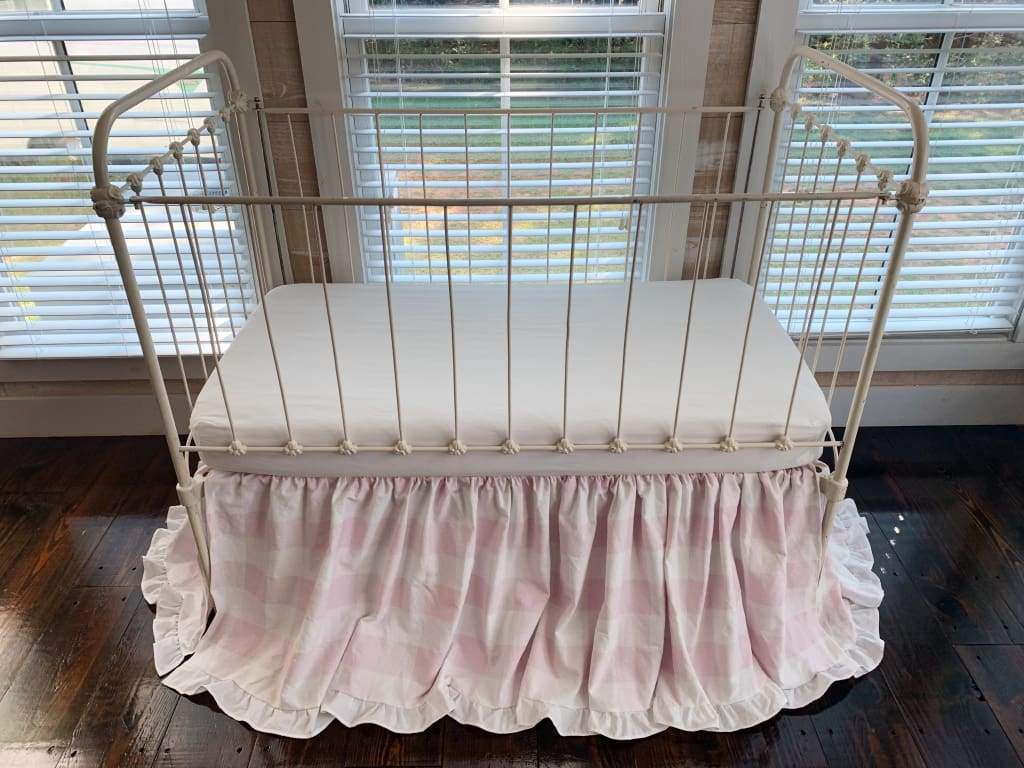 Pink Buffalo Check Ruffled Crib Skirt handmade heirloom nursery - High Cotton Textile