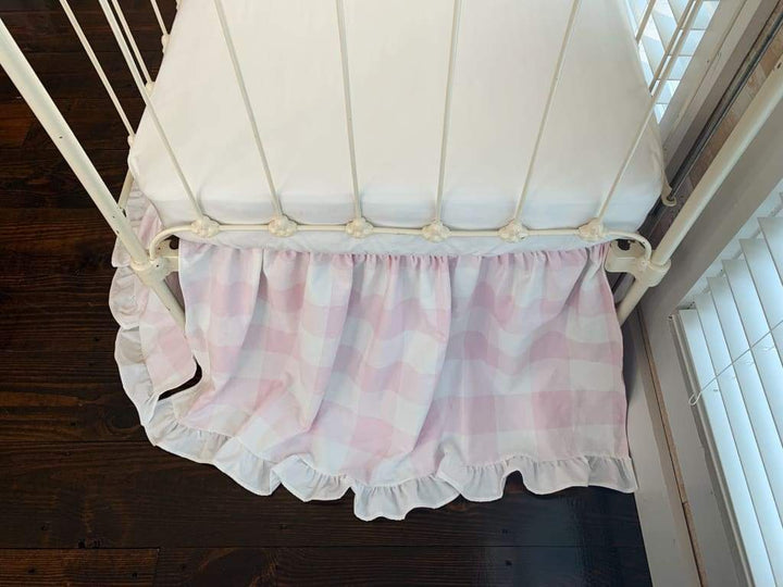 Pink Buffalo Check Ruffled Crib Skirt handmade heirloom nursery - High Cotton Textile