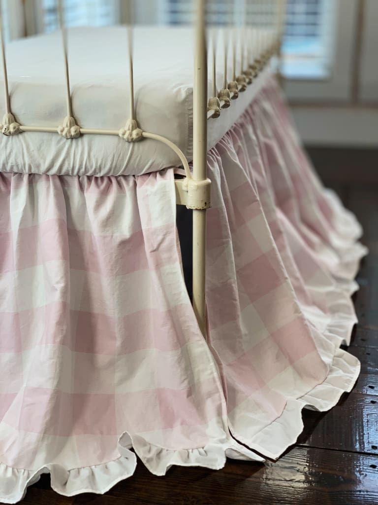 Pink Buffalo Check Ruffled Crib Skirt handmade heirloom nursery - High Cotton Textile