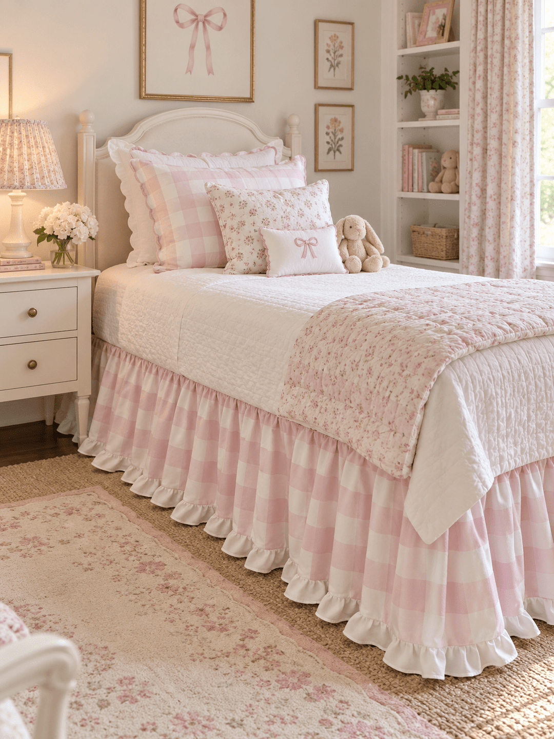 Pink buffalo check twin bed skirt with a white ruffle running the length of the bed above a jute rug - High Cotton Textile
