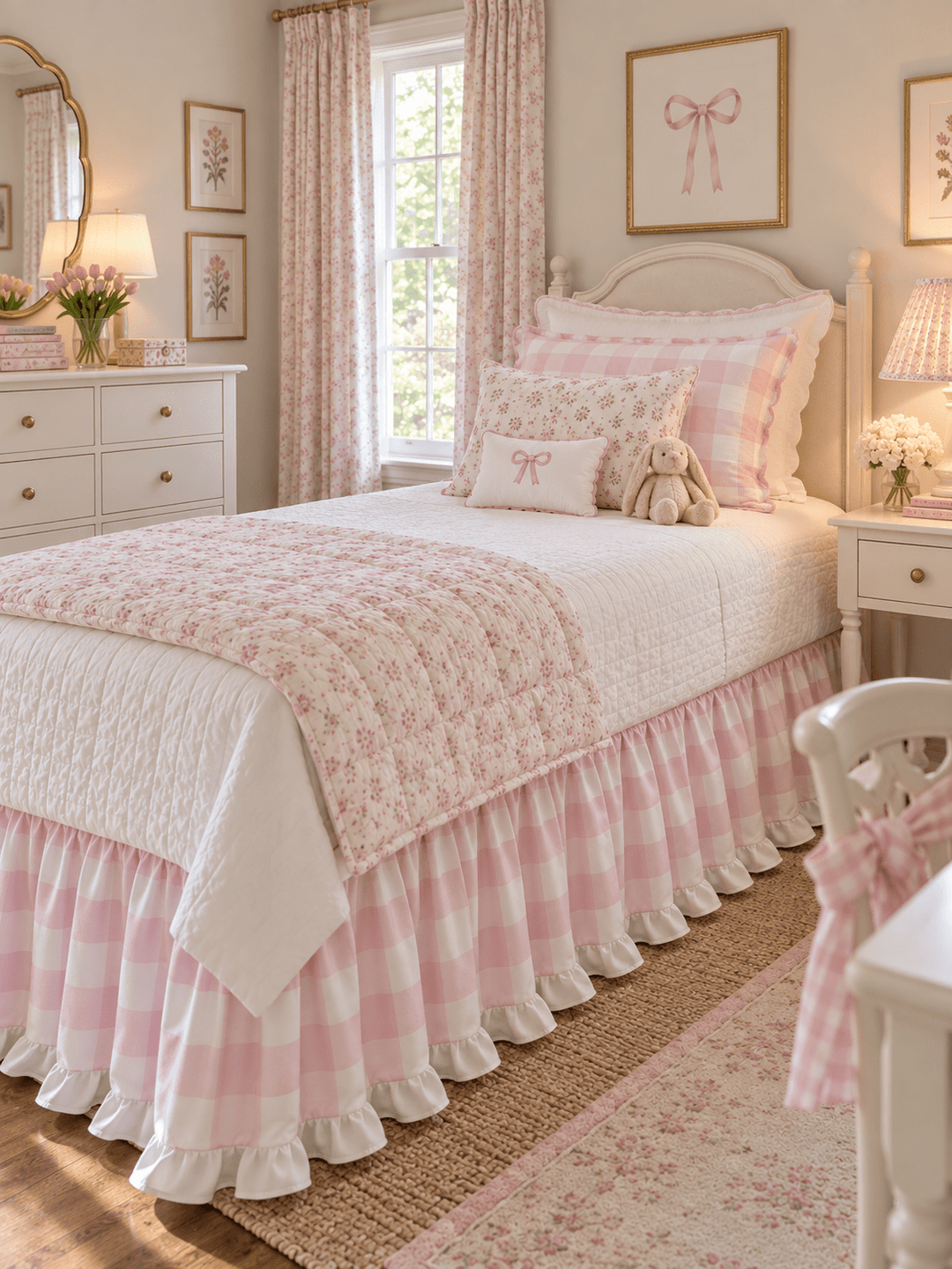 Girl's bedroom with a pink buffalo check and white ruffled twin bed skirt and floral curtains - High Cotton Textile