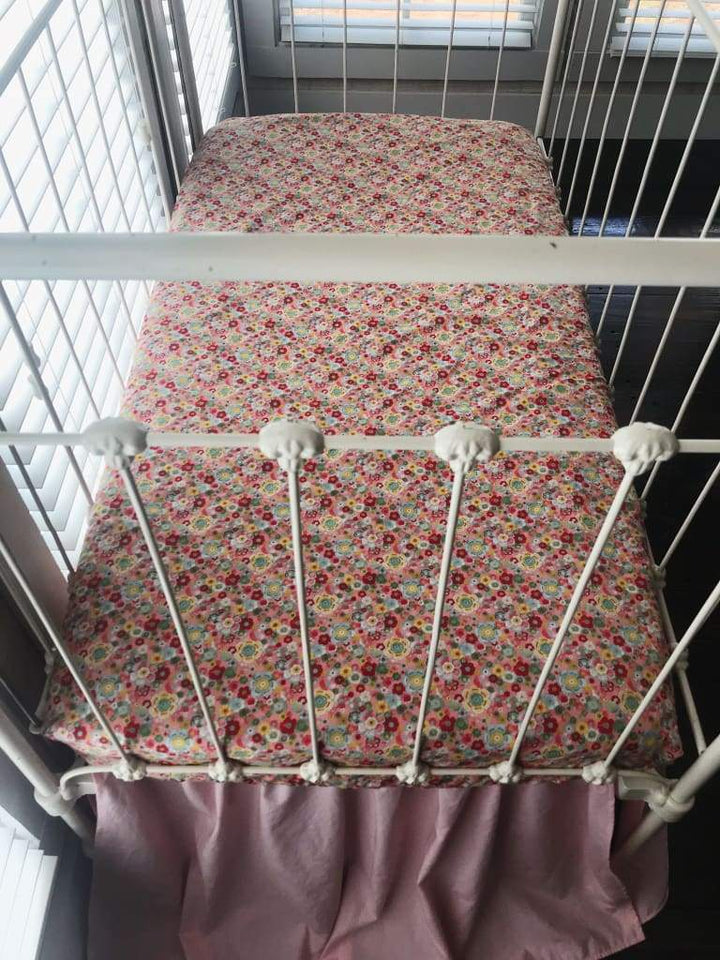 Pink Floral Fitted Crib Sheet handmade heirloom nursery - High Cotton Textile