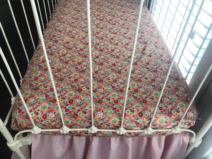 Pink Floral Fitted Crib Sheet handmade heirloom nursery - High Cotton Textile
