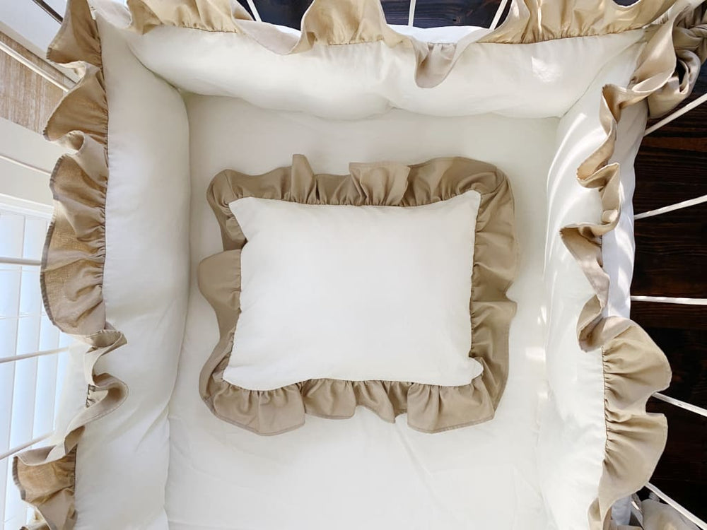 Porcelain and Oatmeal Ruffle Crib Pillow handmade heirloom nursery - High Cotton Textile