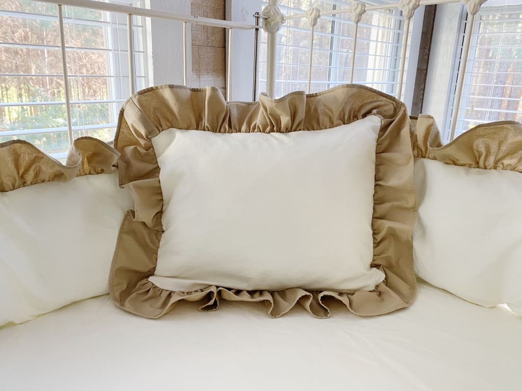 Porcelain and Oatmeal Ruffle Crib Pillow handmade heirloom nursery - High Cotton Textile