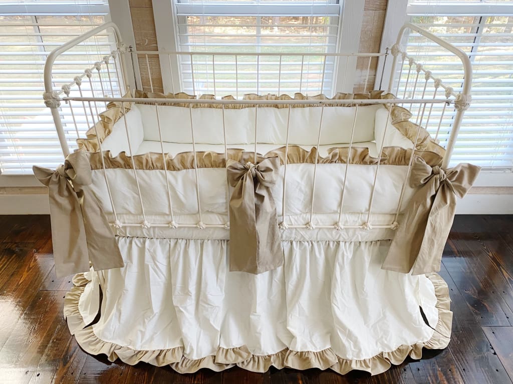 Porcelain and Oatmeal Ruffled Crib Bedding Set and Large Crib Bows - High Cotton Textile 