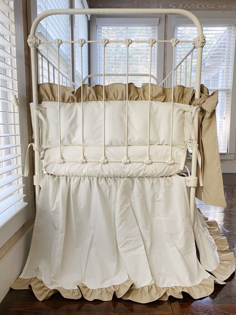 Porcelain and Oatmeal Ruffled Crib Bedding Set + Large Crib Bows