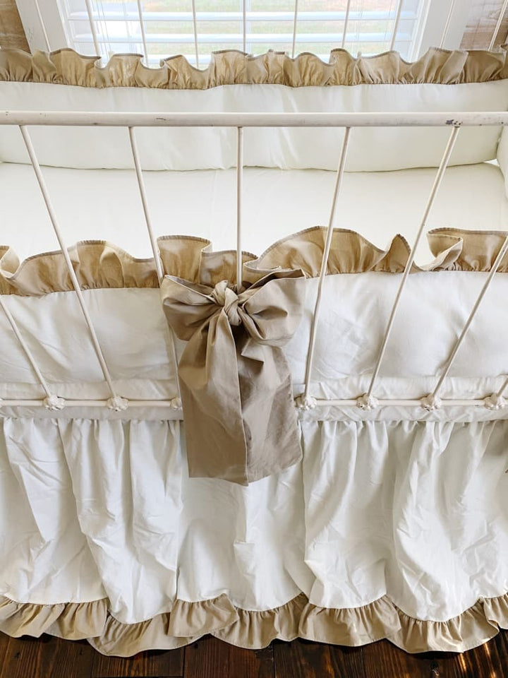 Porcelain and Oatmeal Ruffled Crib Bedding Set + Large Crib Bows