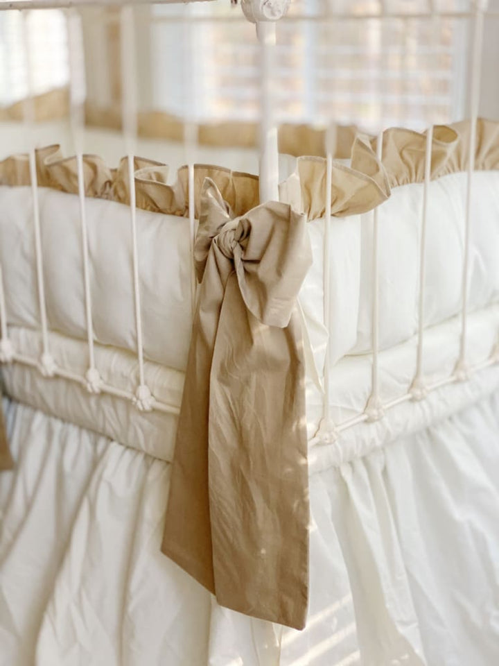 Porcelain and Oatmeal Ruffled Crib Bedding Set and Large Crib Bows - High Cotton Textile 