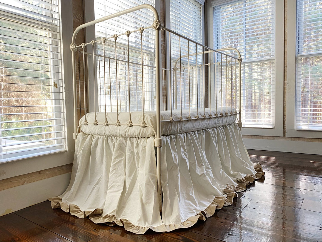 Porcelain and Oatmeal Ruffled Crib Skirt handmade heirloom nursery - High Cotton Textile