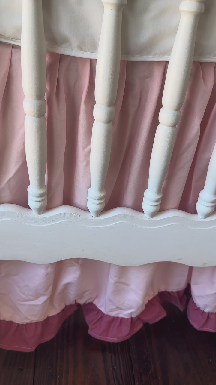 Walking video of the Sisters Pink & Blush Ruffled Cotton Crib Skirt in the nursery