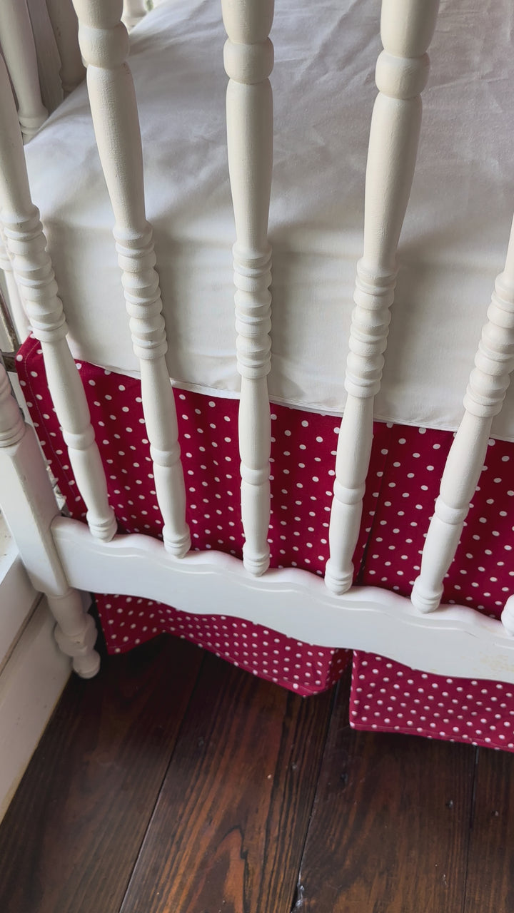Walking video of the red polka dot ruffled rail cover, matching dotted tailored skirt and two white sashes