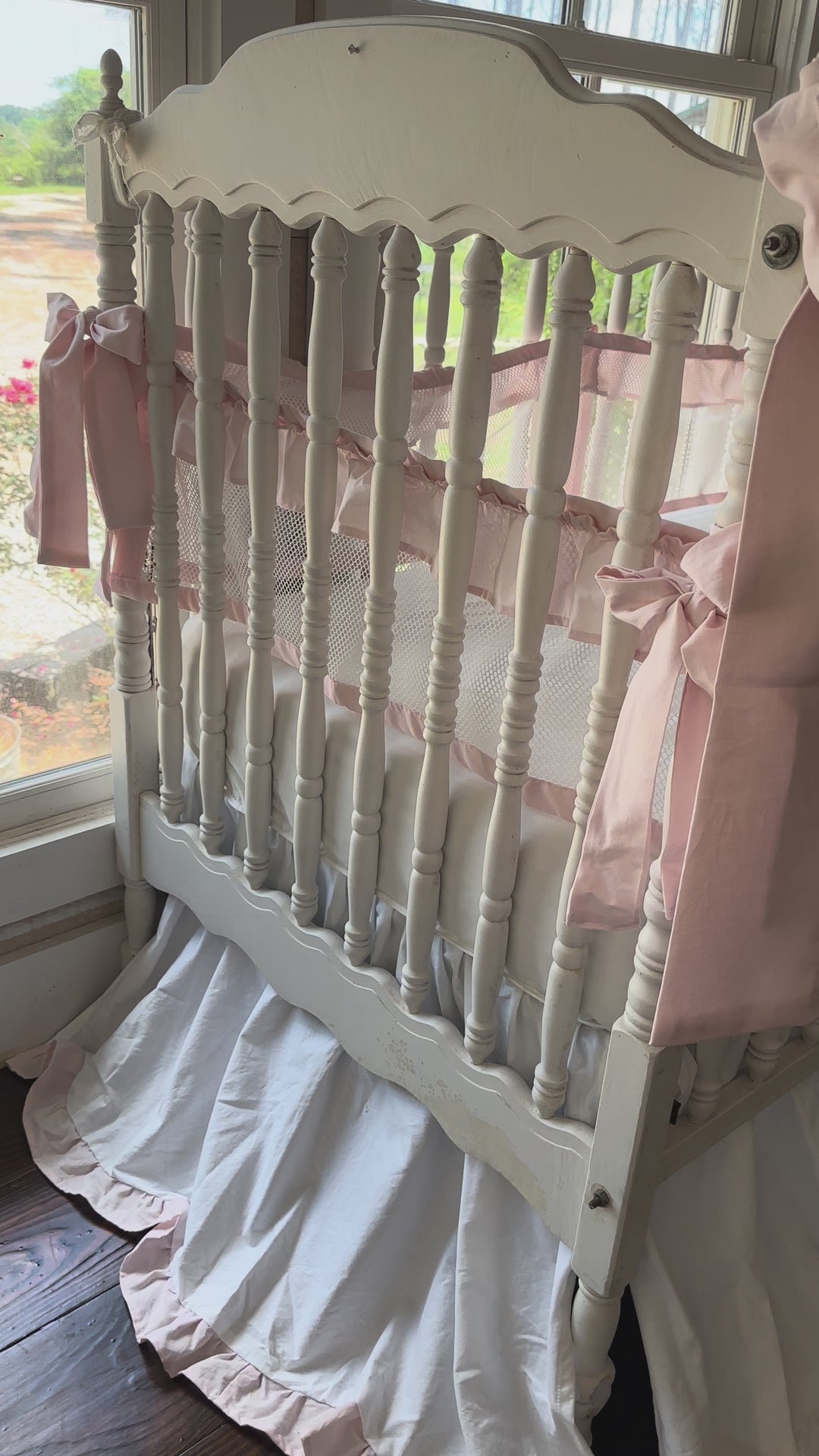 White & Baby Pink Ruffled Mesh Crib Liner, Skirt & Bow Set | Safe Sleep Baby Girl Nursery Bedding