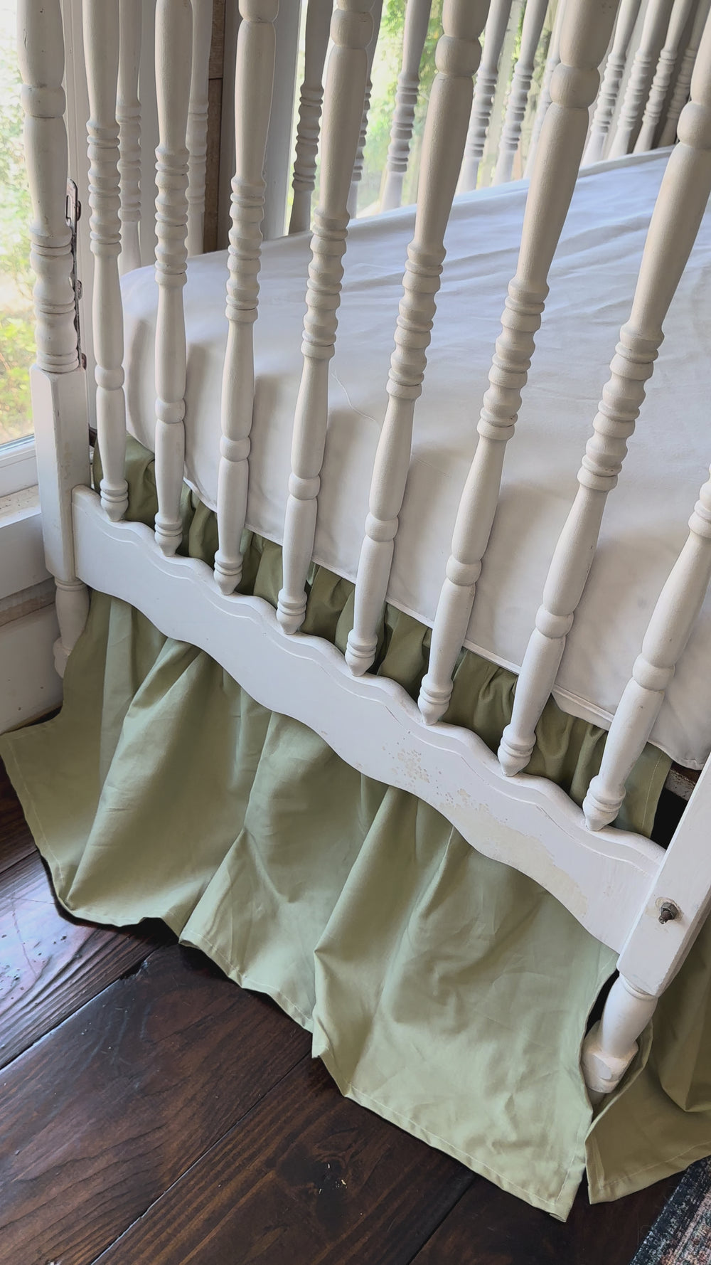Sage Green Ruffled Crib Rail Cover, Farmhouse Skirt & Large Bow Set | Gender Neutral Baby Bedding
