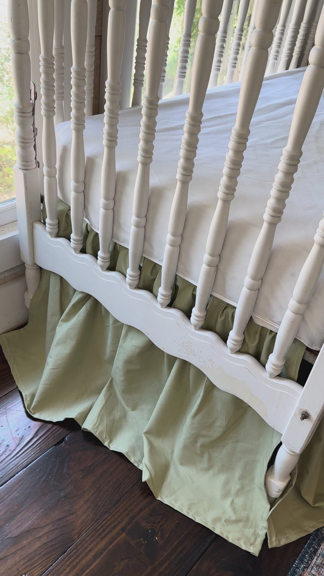 Sage Green Ruffled Crib Rail Cover, Farmhouse Skirt & Large Bow Set | Gender Neutral Baby Bedding