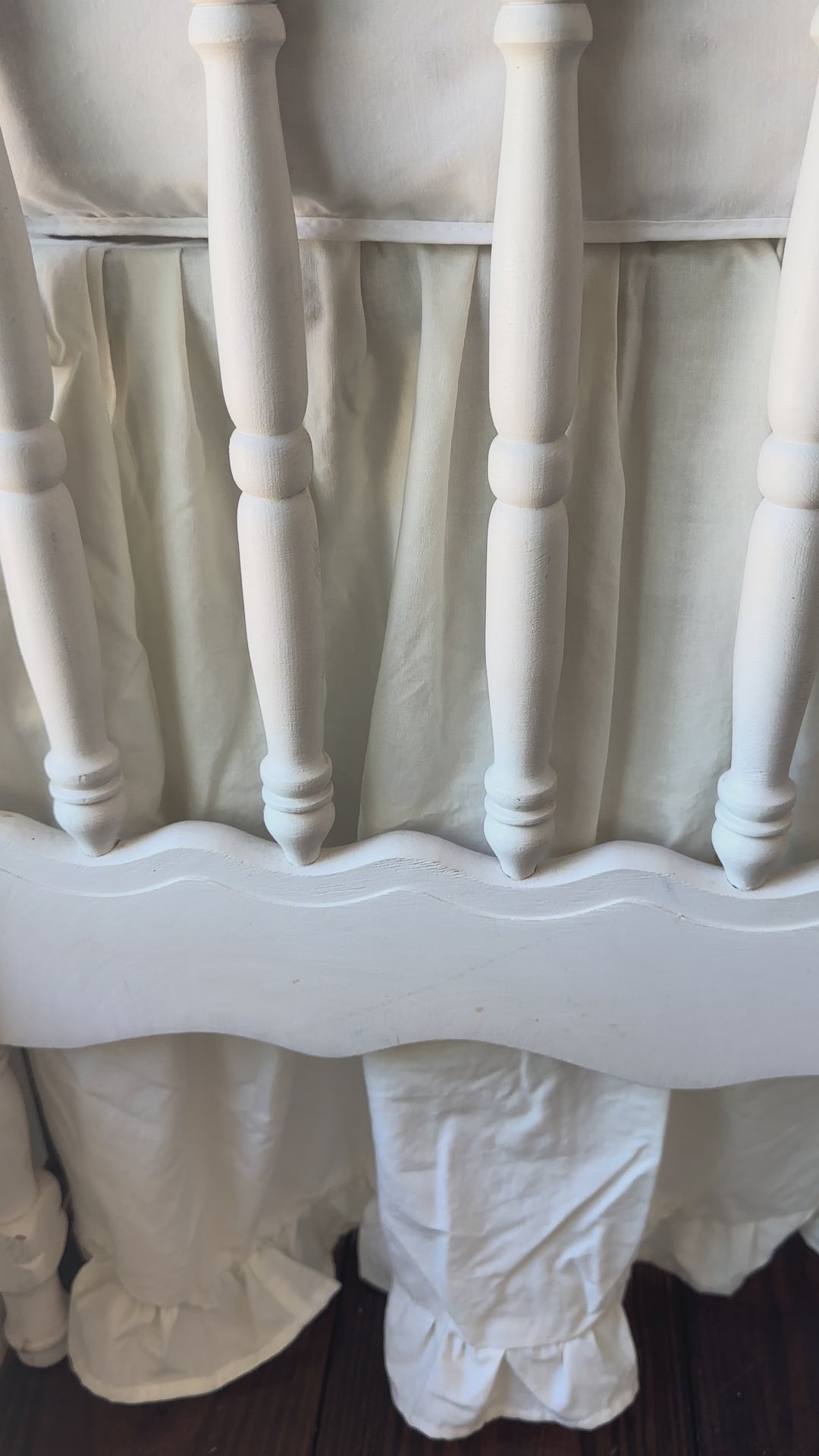 Walking video of the Porcelain Ruffled Crib Skirt & 3 Bows Set in the nursery