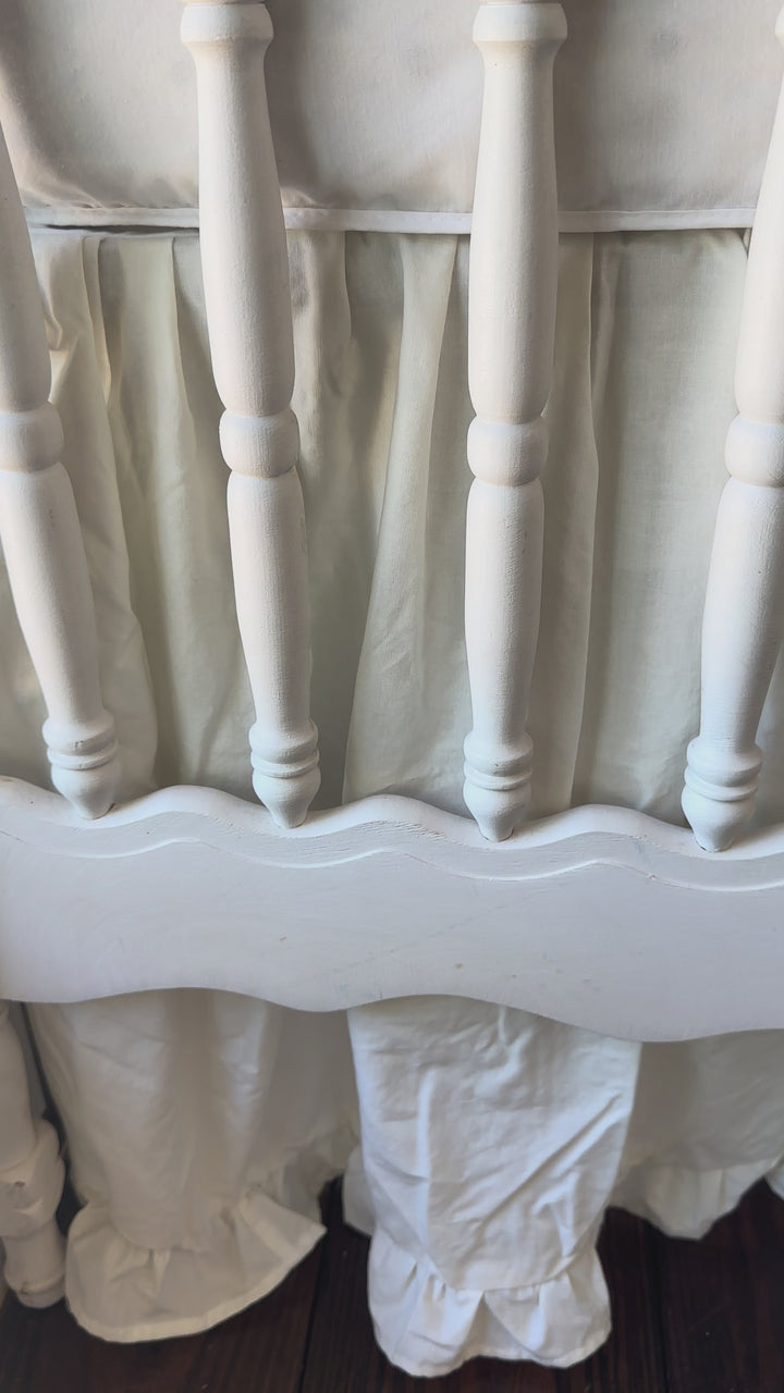 Walking video of the Porcelain Ruffled Crib Skirt & 3 Bows Set in the nursery