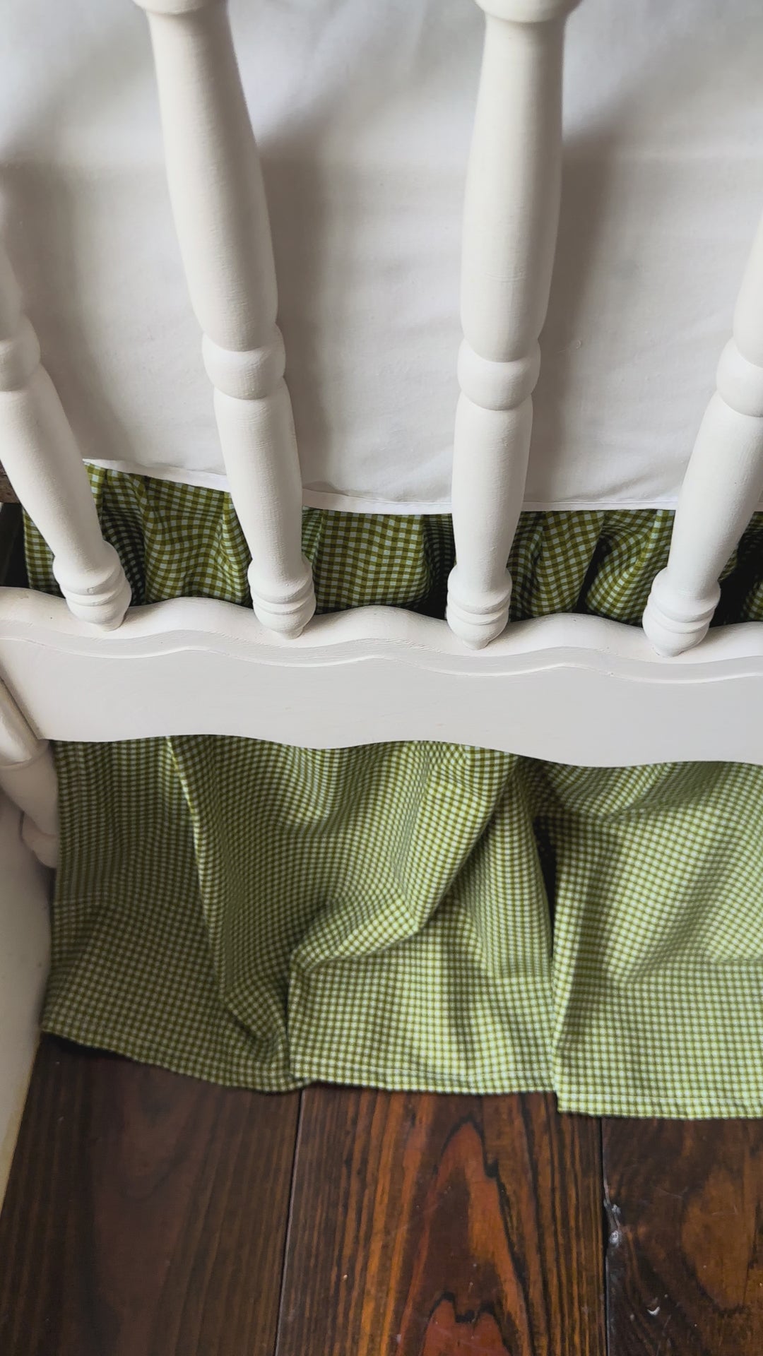Video of the pine green gingham farmhouse gathered crib skirt