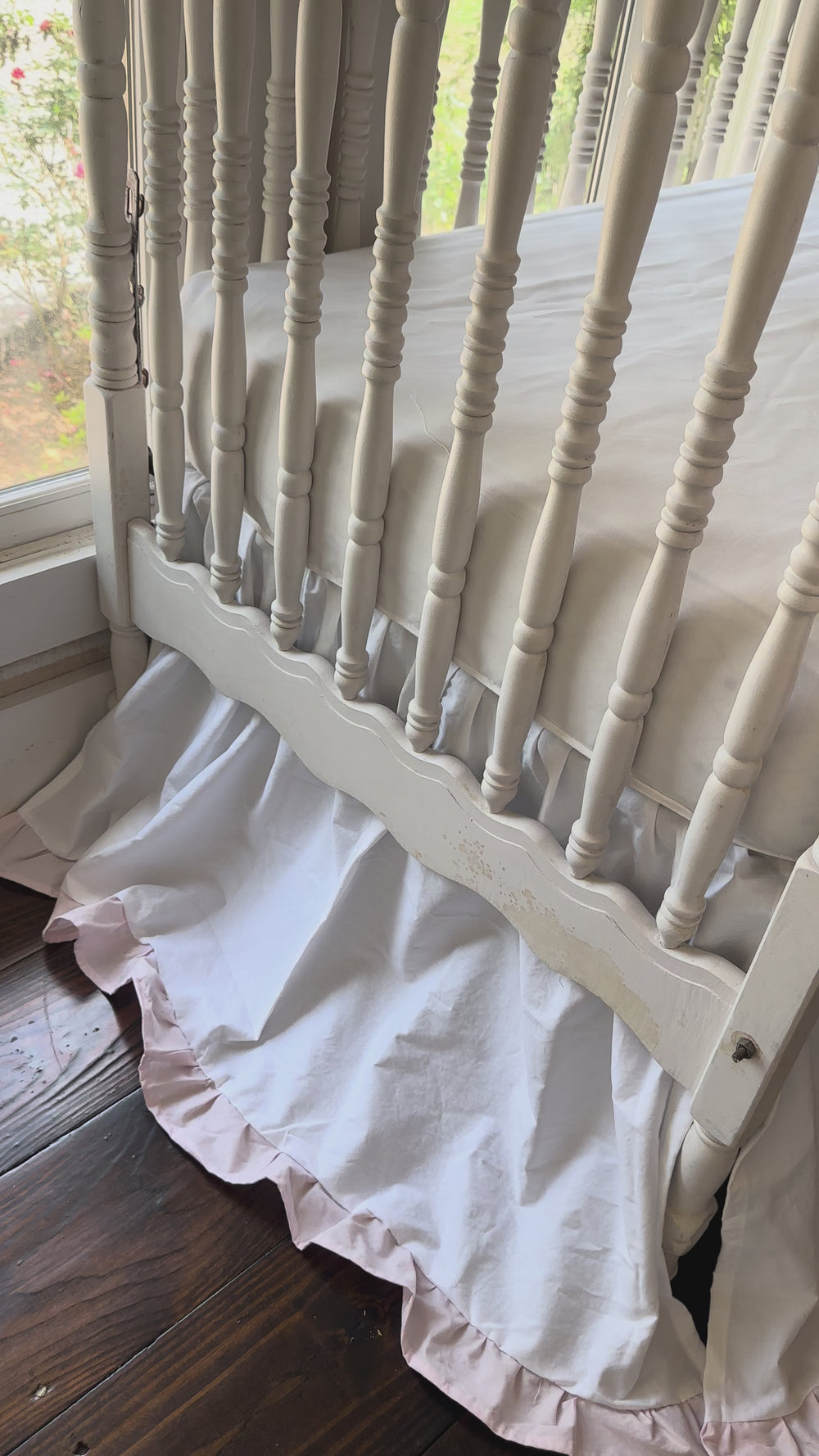 White & Baby Pink Ruffled Crib Rail Cover, Skirt & Bow Set | Baby Girl Nursery Bedding