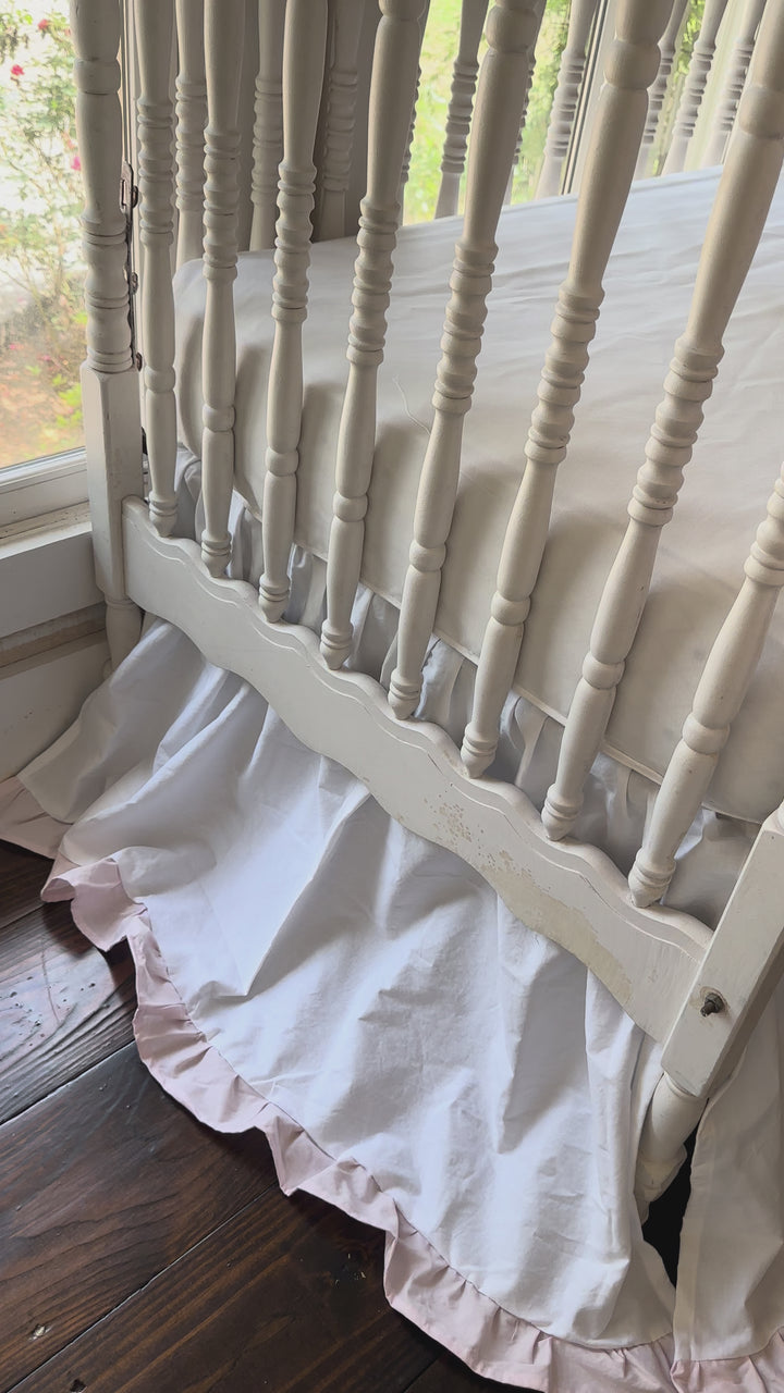 White & Baby Pink Ruffled Crib Rail Cover, Skirt & Bow Set | Baby Girl Nursery Bedding