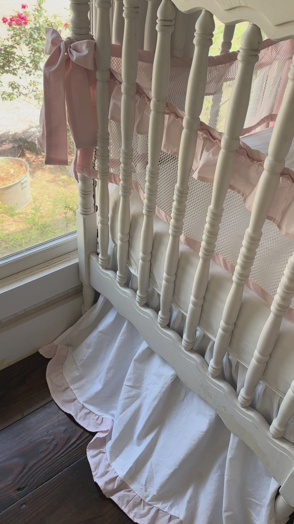 White & Pink Mesh Crib Liner Set + Ruffled Crib Skirt | Safe Sleep Bumper Alternative | Baby Girl Nursery | Handmade