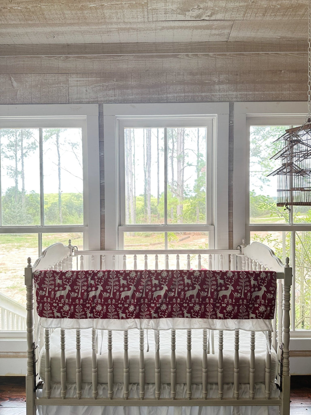 Red & White Folk Deer Ruffled Crib Rail Cover handmade heirloom nursery - High Cotton Textile