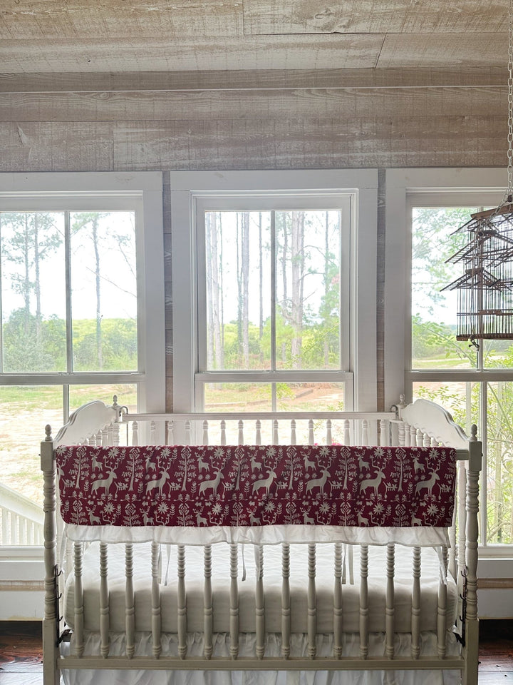 Red & White Folk Deer Ruffled Crib Rail Cover handmade heirloom nursery - High Cotton Textile