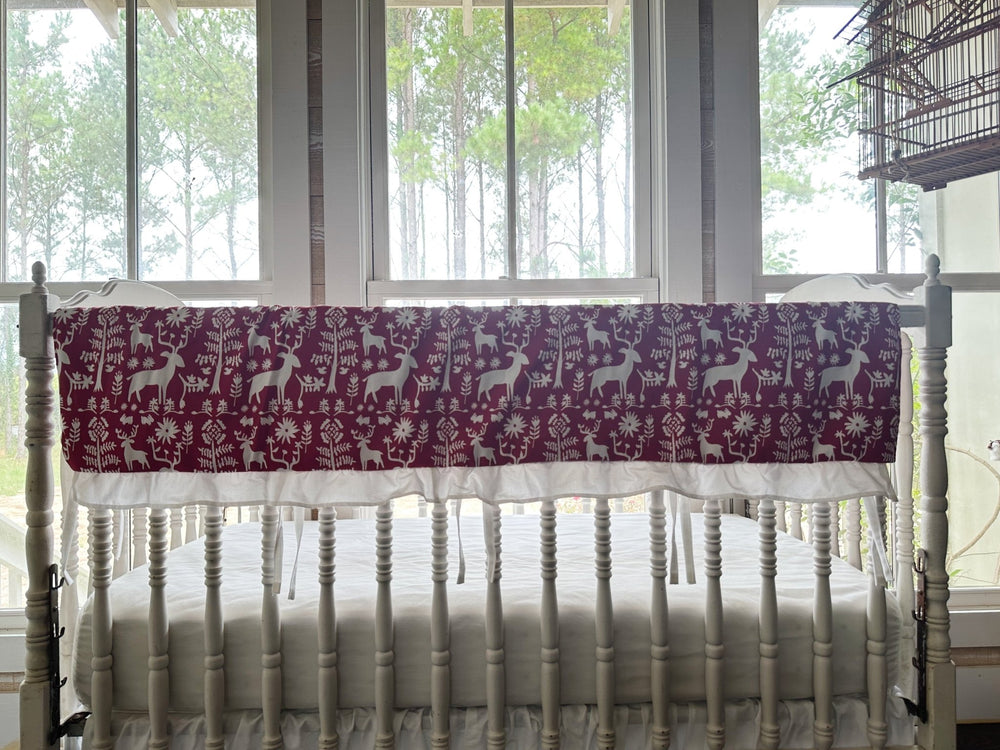 Red & White Folk Deer Ruffled Crib Rail Cover handmade heirloom nursery - High Cotton Textile