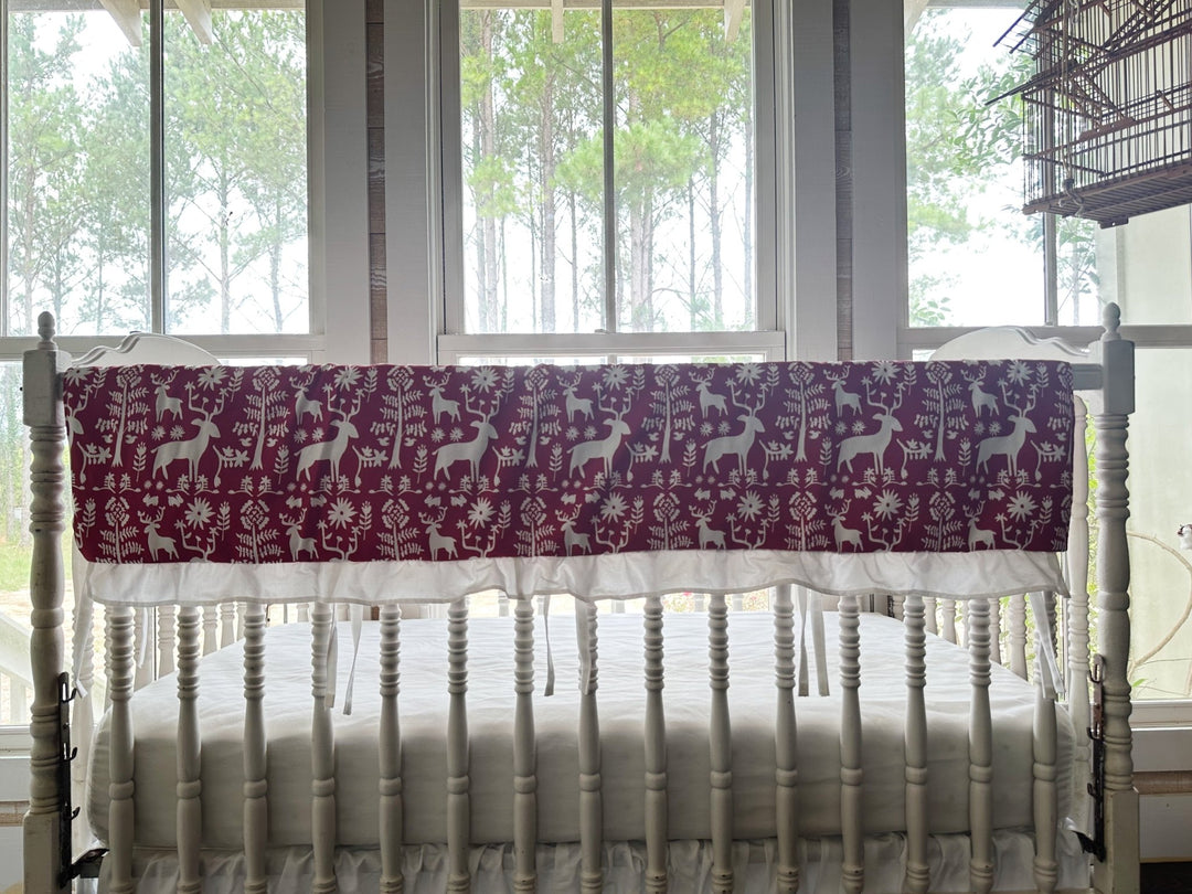 Red & White Folk Deer Ruffled Crib Rail Cover handmade heirloom nursery - High Cotton Textile