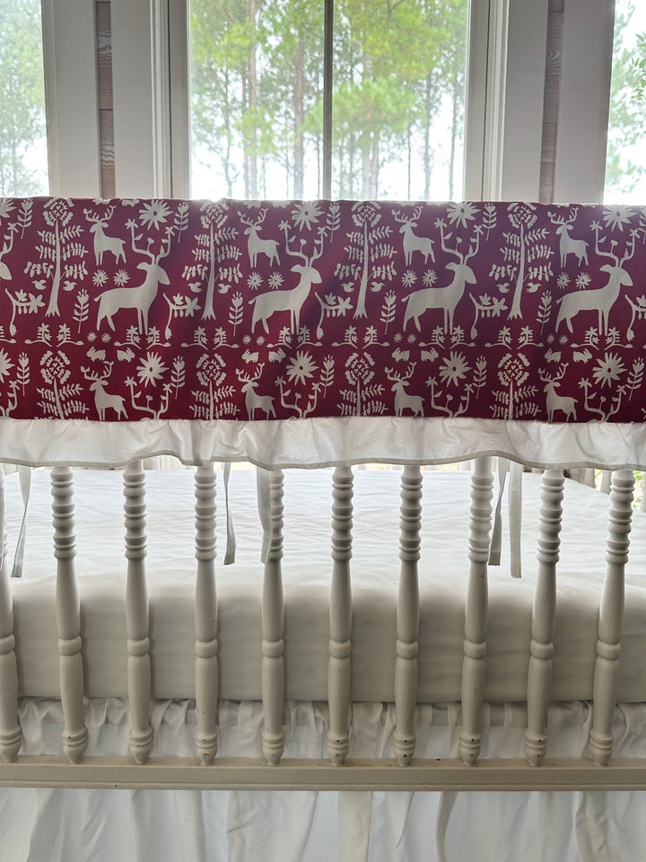 Red & White Folk Deer Ruffled Crib Rail Cover, Farmhouse Skirt & 2 Bows Set handmade heirloom nursery - High Cotton Textile