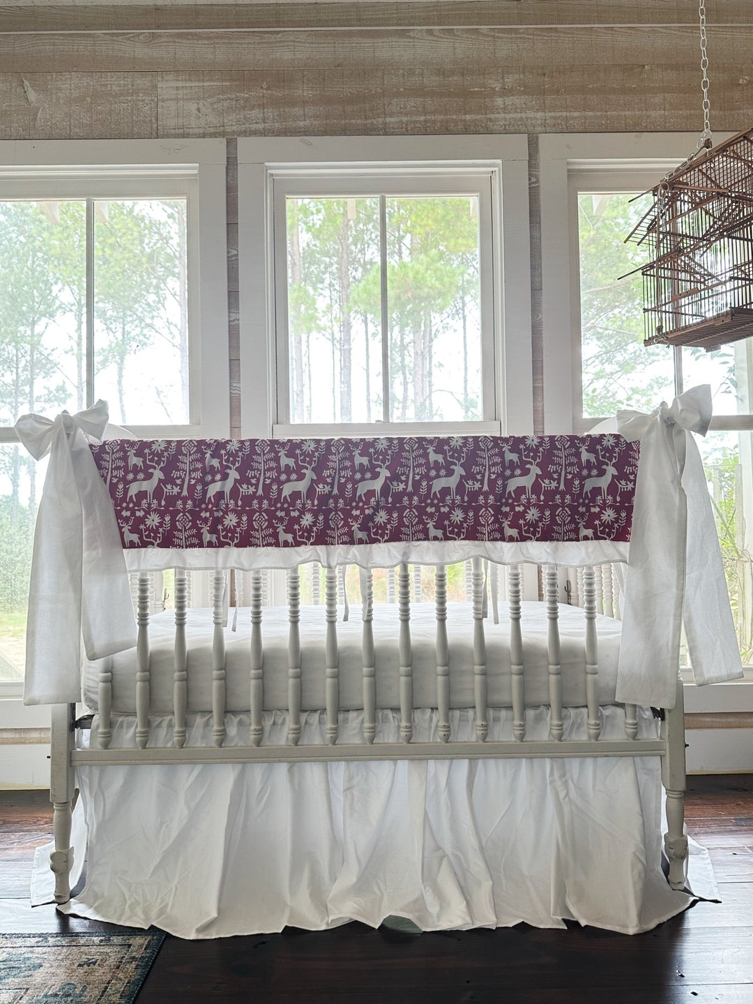 Red & White Folk Deer Ruffled Crib Rail Cover, Farmhouse Skirt & 2 Bows Set handmade heirloom nursery - High Cotton Textile