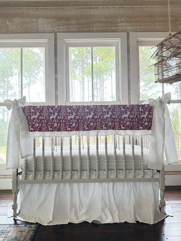Red & White Folk Deer Ruffled Crib Rail Cover, Farmhouse Skirt & 2 Bows Set handmade heirloom nursery - High Cotton Textile
