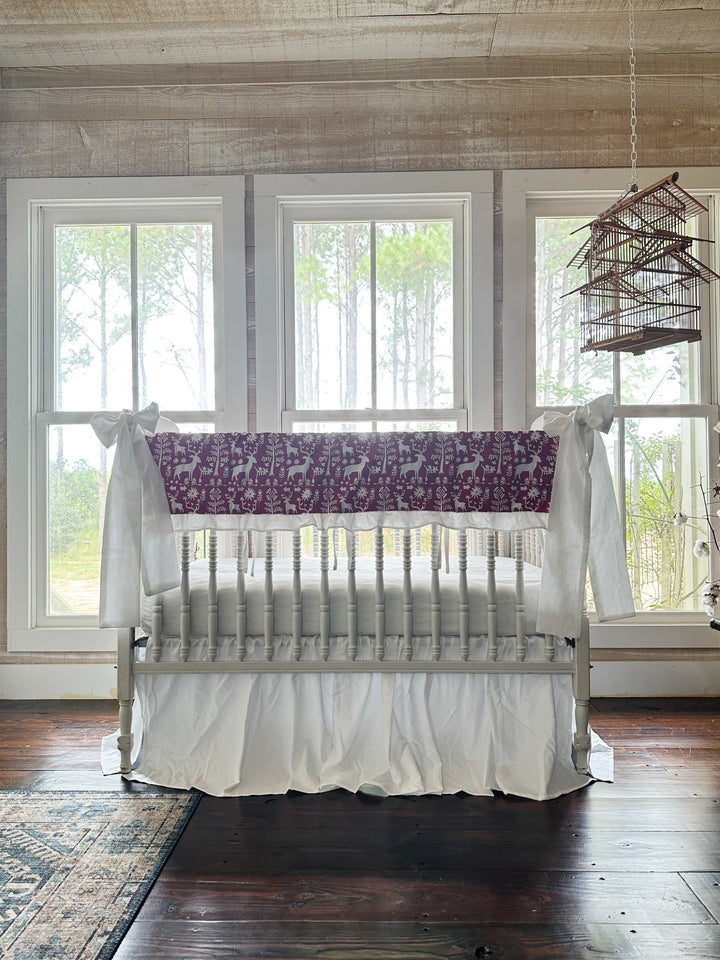 Red & White Folk Deer Ruffled Crib Rail Cover, Farmhouse Skirt & 2 Bows Set handmade heirloom nursery - High Cotton Textile