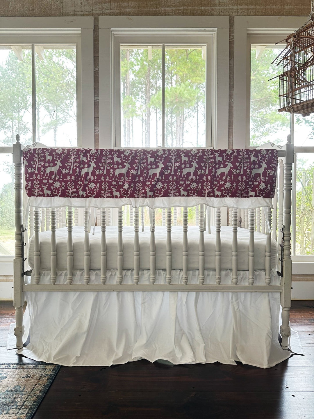 Red & White Folk Deer Ruffled Crib Rail Cover & Farmhouse Skirt Set handmade heirloom nursery - High Cotton Textile