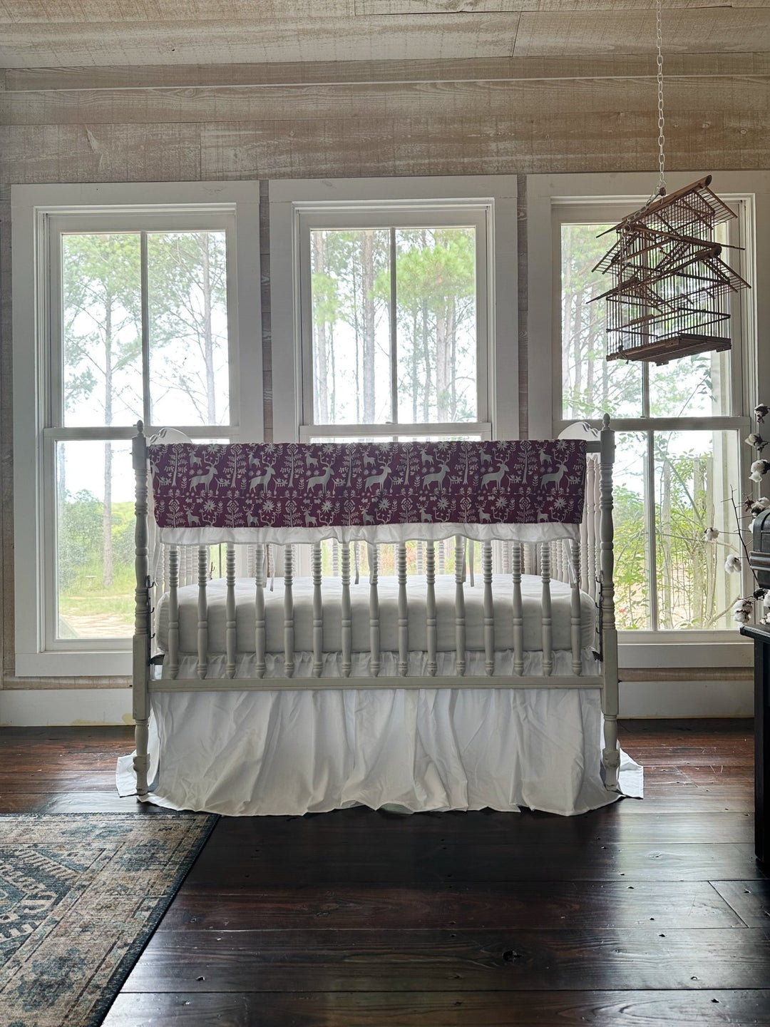 Red & White Folk Deer Ruffled Crib Rail Cover & Farmhouse Skirt Set handmade heirloom nursery - High Cotton Textile