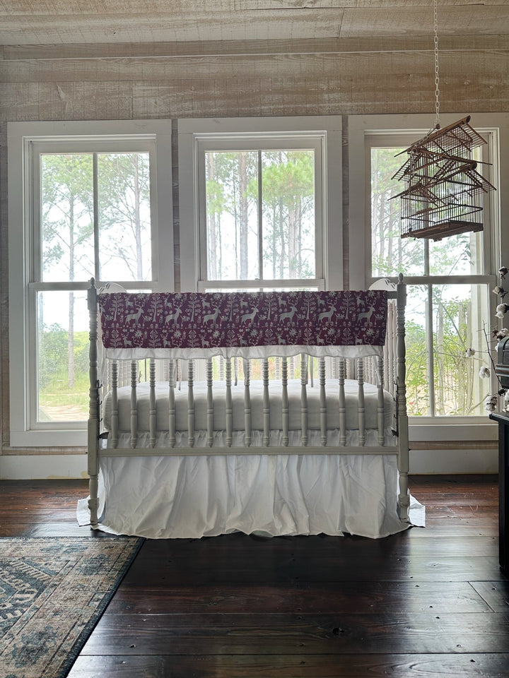 Red & White Folk Deer Ruffled Crib Rail Cover & Farmhouse Skirt Set handmade heirloom nursery - High Cotton Textile