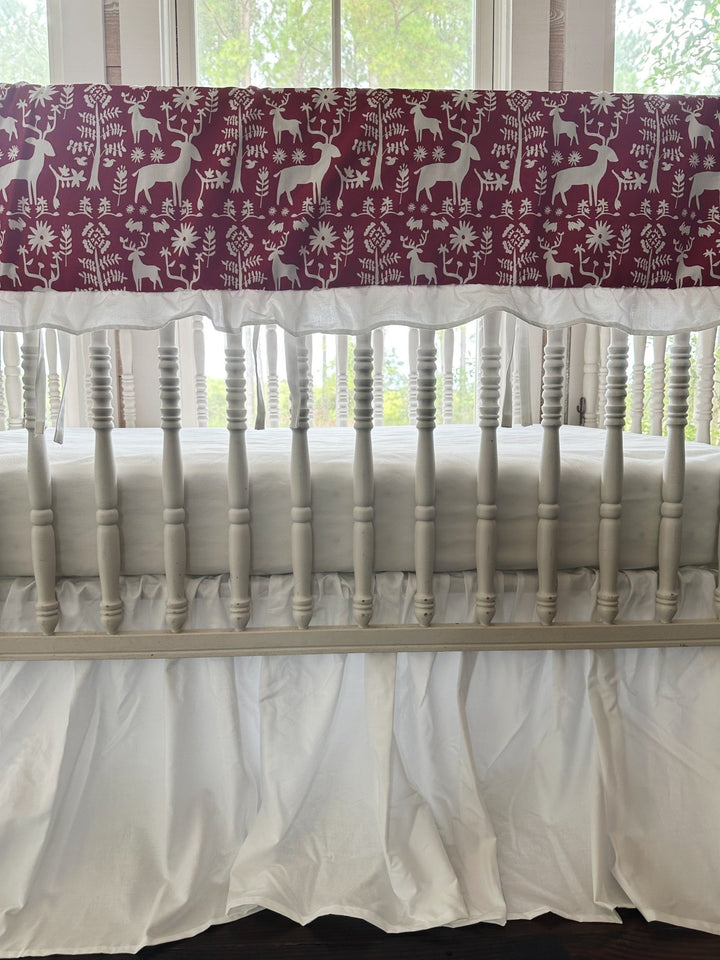 Red & White Folk Deer Ruffled Crib Rail Cover & Farmhouse Skirt Set handmade heirloom nursery - High Cotton Textile