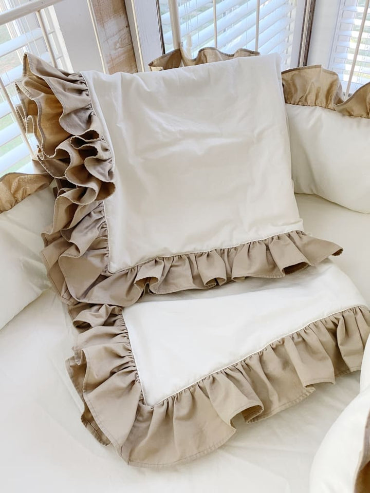 Ruffle Baby Crib Quilt in Porcelain and Oatmeal handmade heirloom nursery - High Cotton Textile