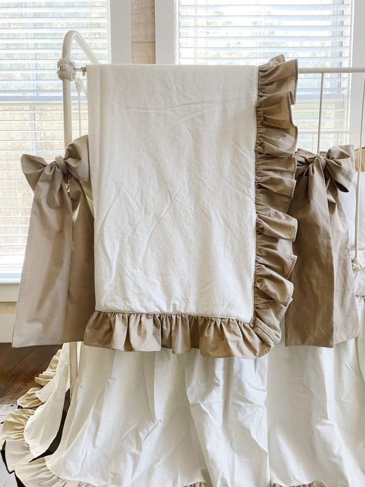 Ruffle Baby Crib Quilt in Porcelain and Oatmeal handmade heirloom nursery - High Cotton Textile