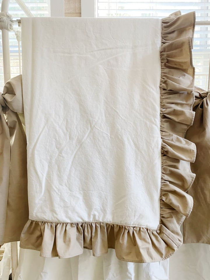 Ruffle Baby Crib Quilt in Porcelain and Oatmeal handmade heirloom nursery - High Cotton Textile