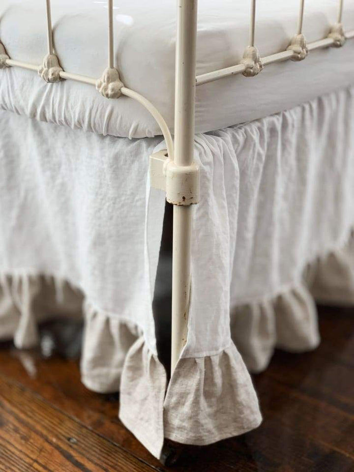 Ruffle Linen Crib Skirt in White and Oatmeal handmade heirloom nursery - High Cotton Textile