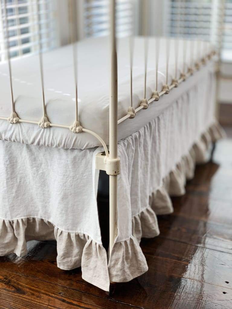Ruffle Linen Crib Skirt in White and Oatmeal handmade heirloom nursery - High Cotton Textile